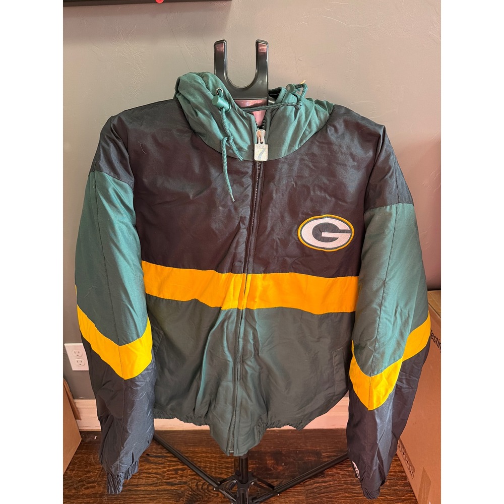 Vintage Logo 7 Green Bay Packers NFL Puffer Jacket XL Green Black Yellow Hooded